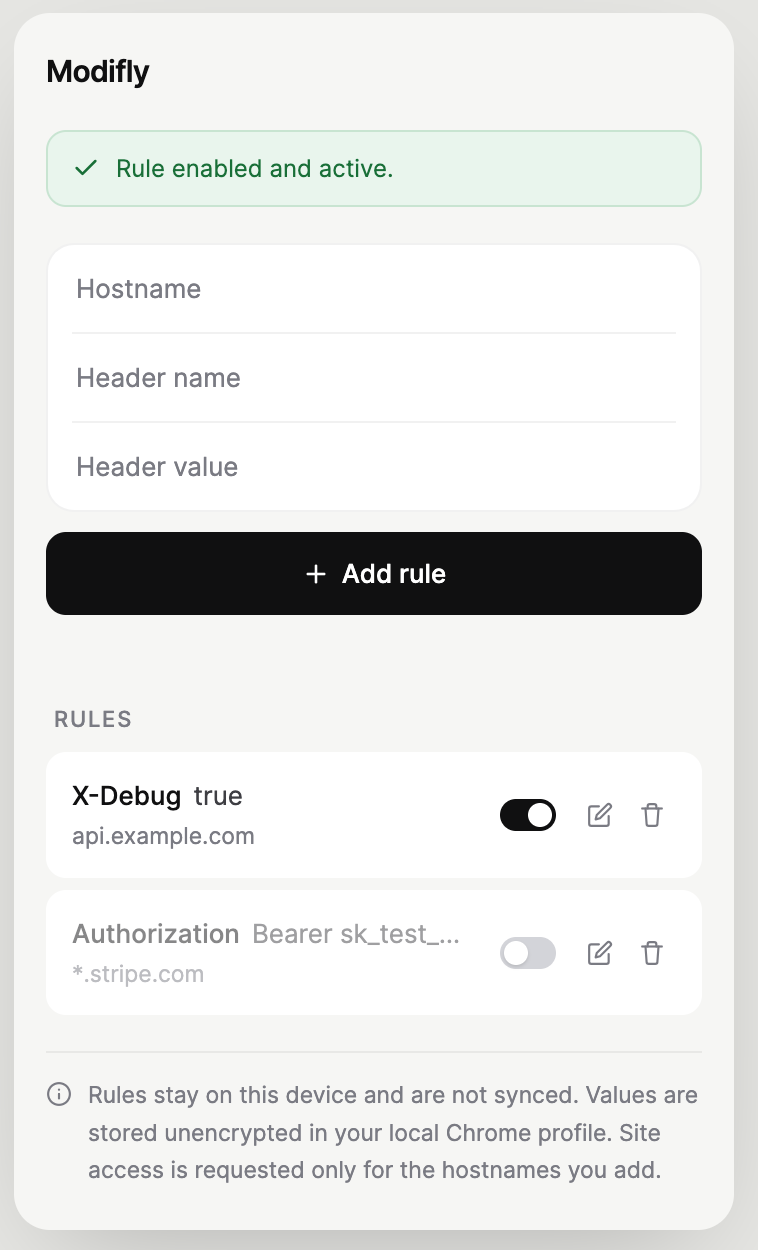 The Modifly extension with an active rule and the form for adding a new rule.
